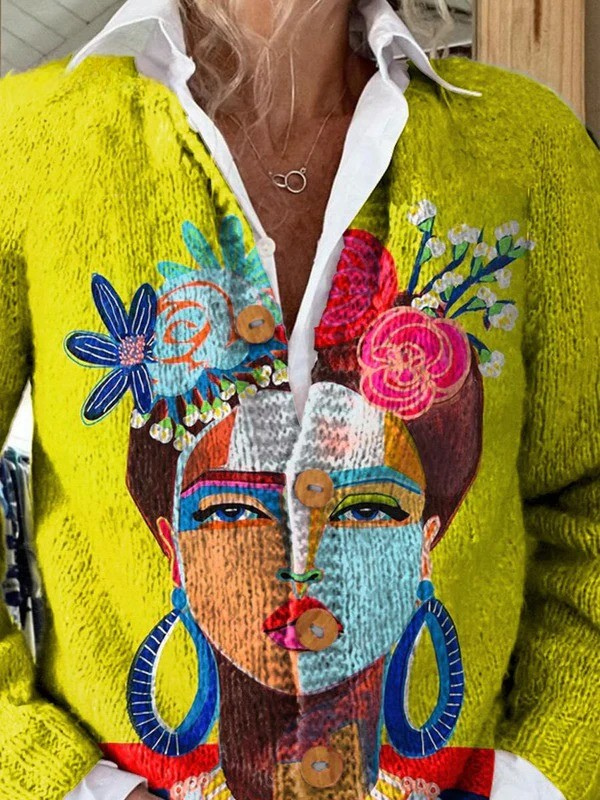 Oil Painting Freda Portrait Art Printed Buttoned Cardigan Sweater | Last Day 80% Off!