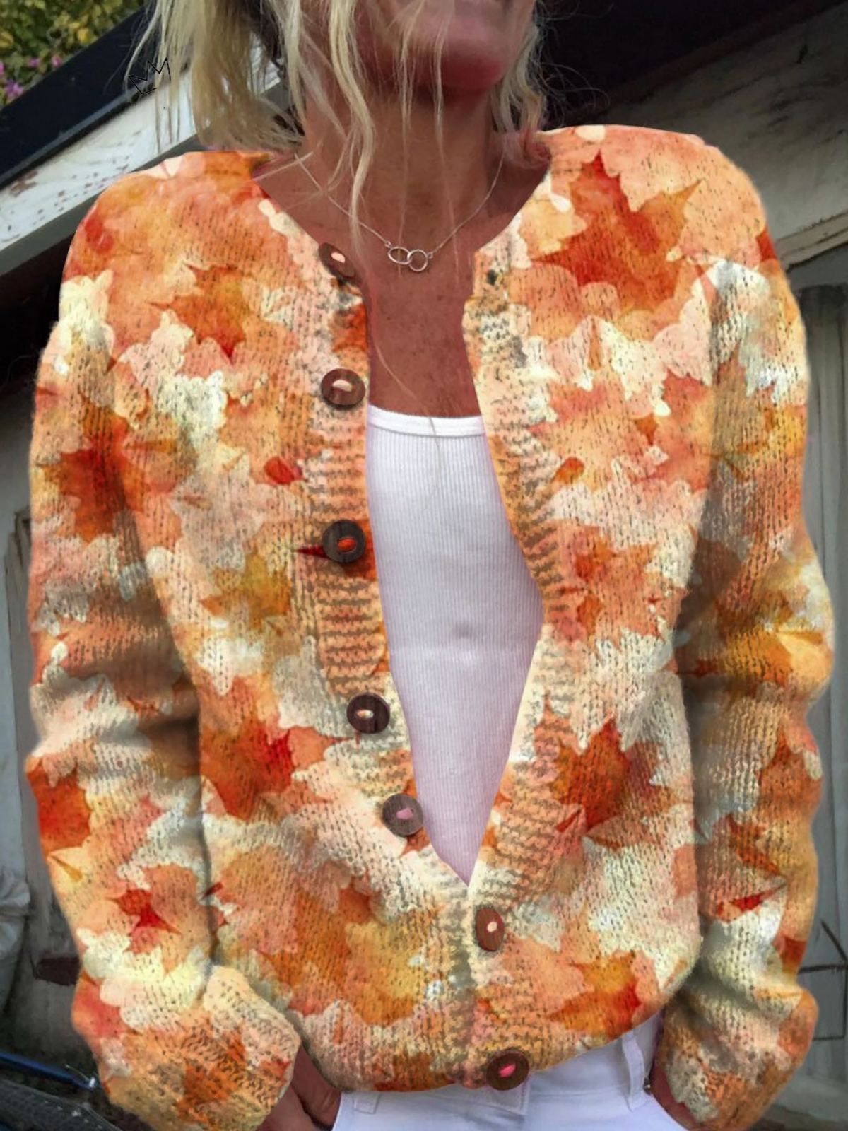 Maple Leaf Autumn Art Print Buttoned Cardigan Sweater | Last Day 80% Off!
