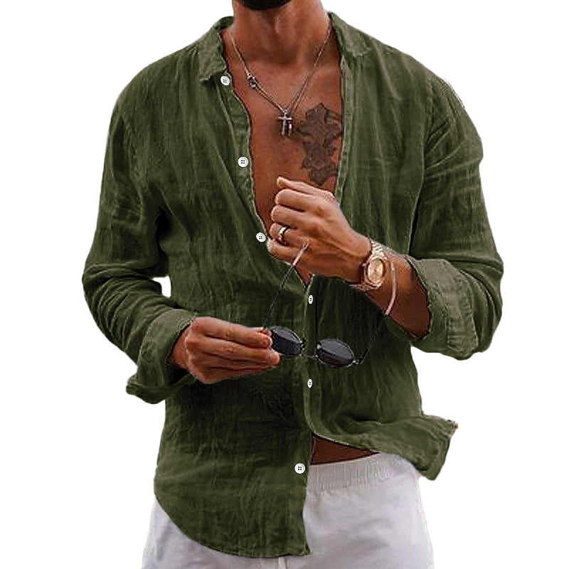 Men's Casual Solid Colour Lapel Cotton Linen Long-Sleeved Shirt 76098441M | Last day 80% off!