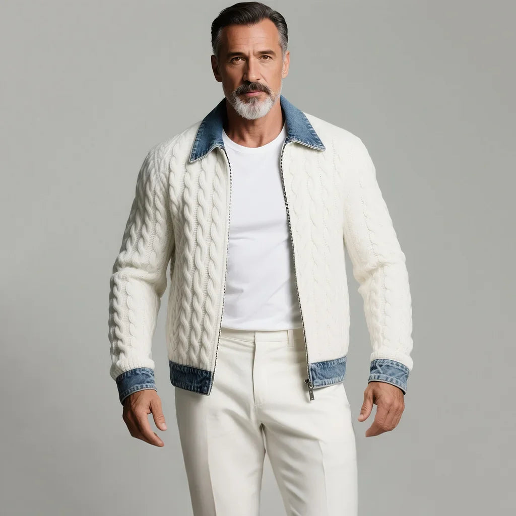 Men's Cable Knit Zip Jacket – Denim Trim, Shirt Collar