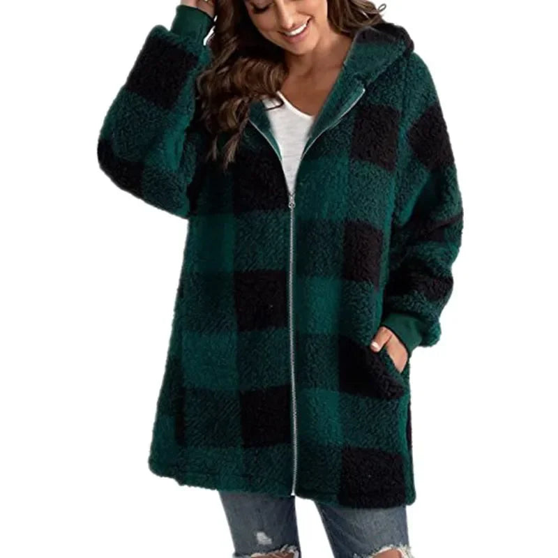 Women's Plaid Fleece Hooded Coat – Zipper, Pockets, Casual Loose Fit Last day 80% off!