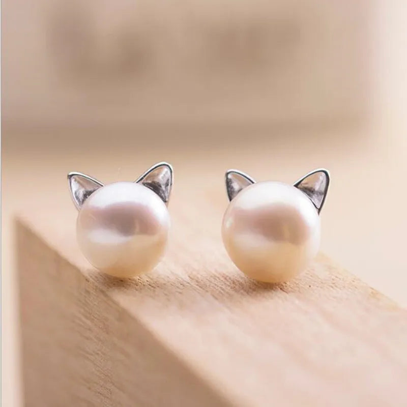 Sterling Silver Cat Pearl Stud Earrings | Last Day 80% Off!