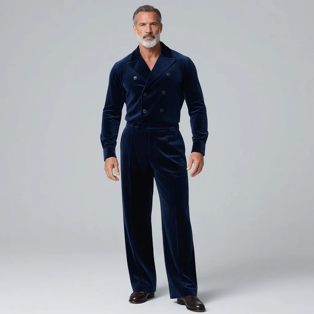 Men's Velvet 2-Piece Set – Double-Breasted Shirt & Trousers