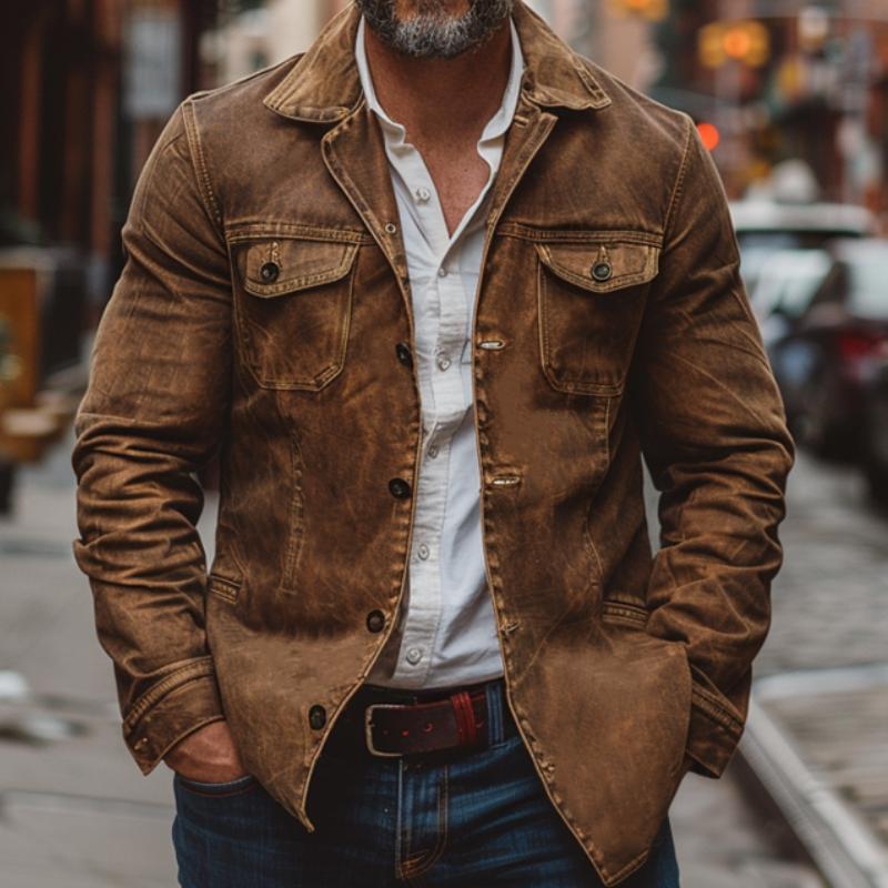 Men's Vintage Heavy Washed Leather Lapel Single Breasted Multi-Pocket Work Jacket Last Day 80% Off!