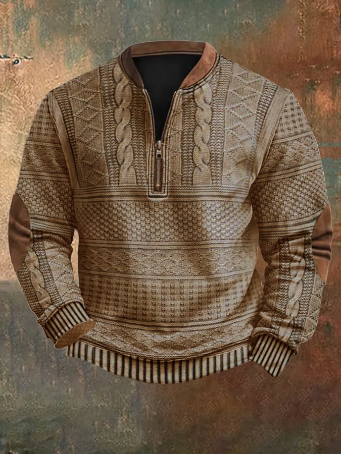 Men's Vintage Knit Print Zip-Up Sweatshirt Last Day 80% Off!
