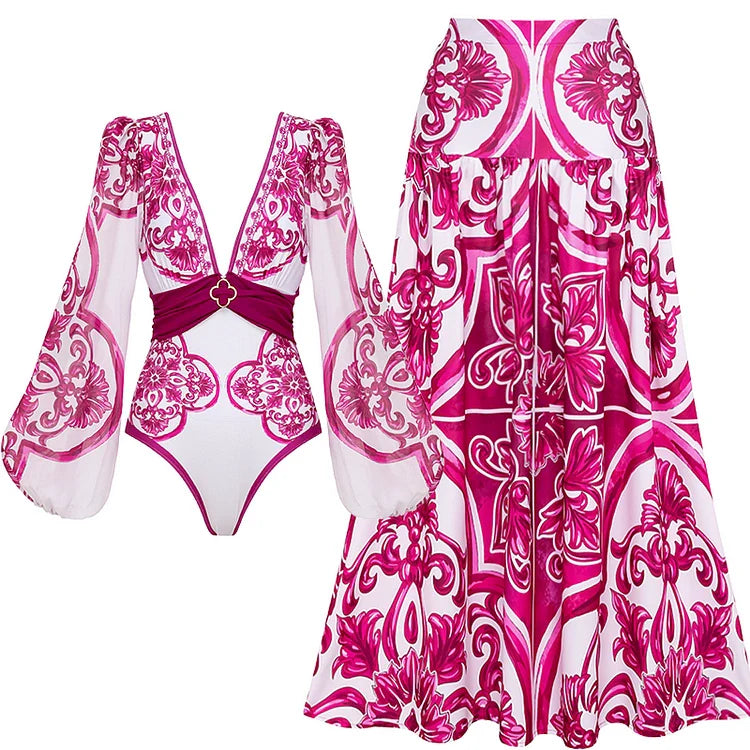 V-Neck One-Piece Swimsuit with Lacing and Print Including Skirt