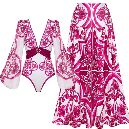 V-Neck One-Piece Swimsuit with Lacing and Print Including Skirt