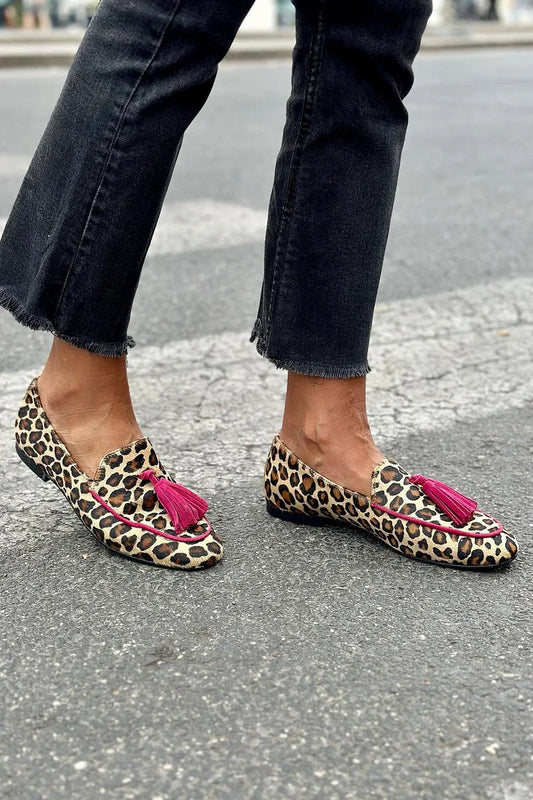 Edith | Animal Print Loafer With Fuchsia Fringes | Last Day 80% Off!