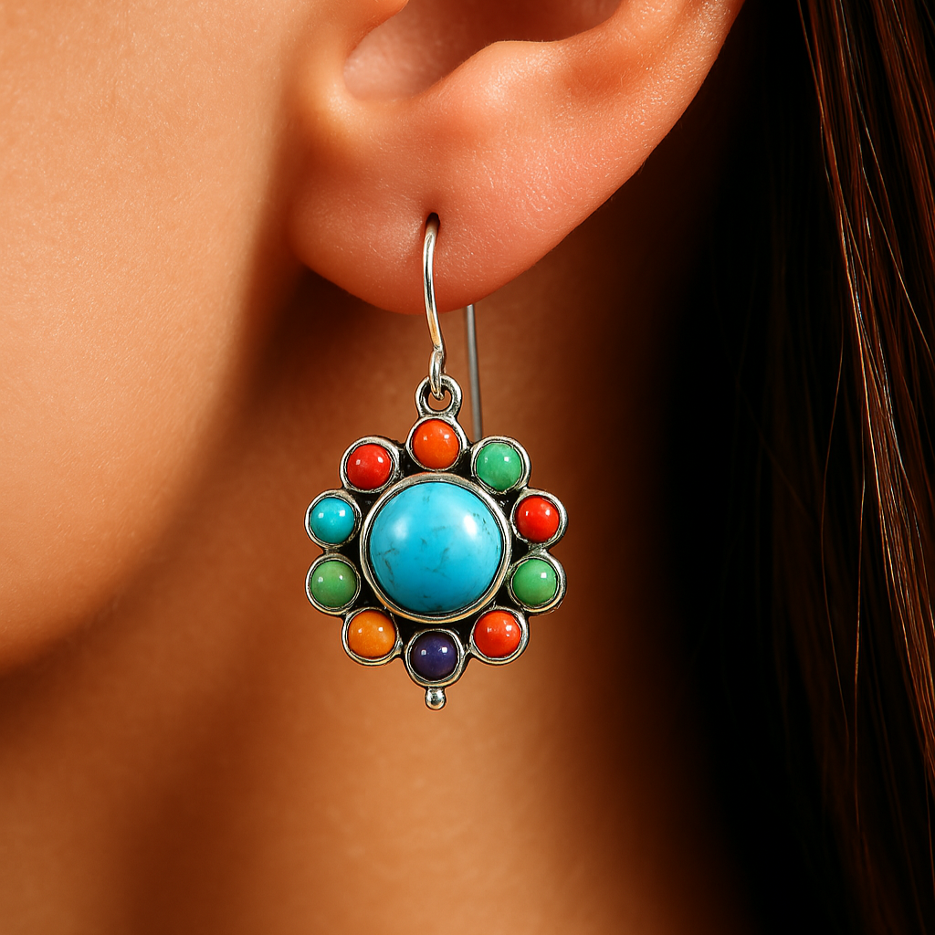 Multicoloured Turquoise Round Earrings | Last day 80% off!
