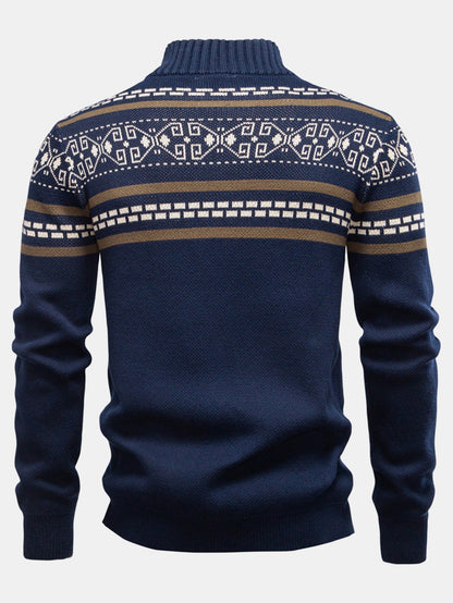 Geometric Jacquard Zip Stand Collar Sweater | Last day 80% off!