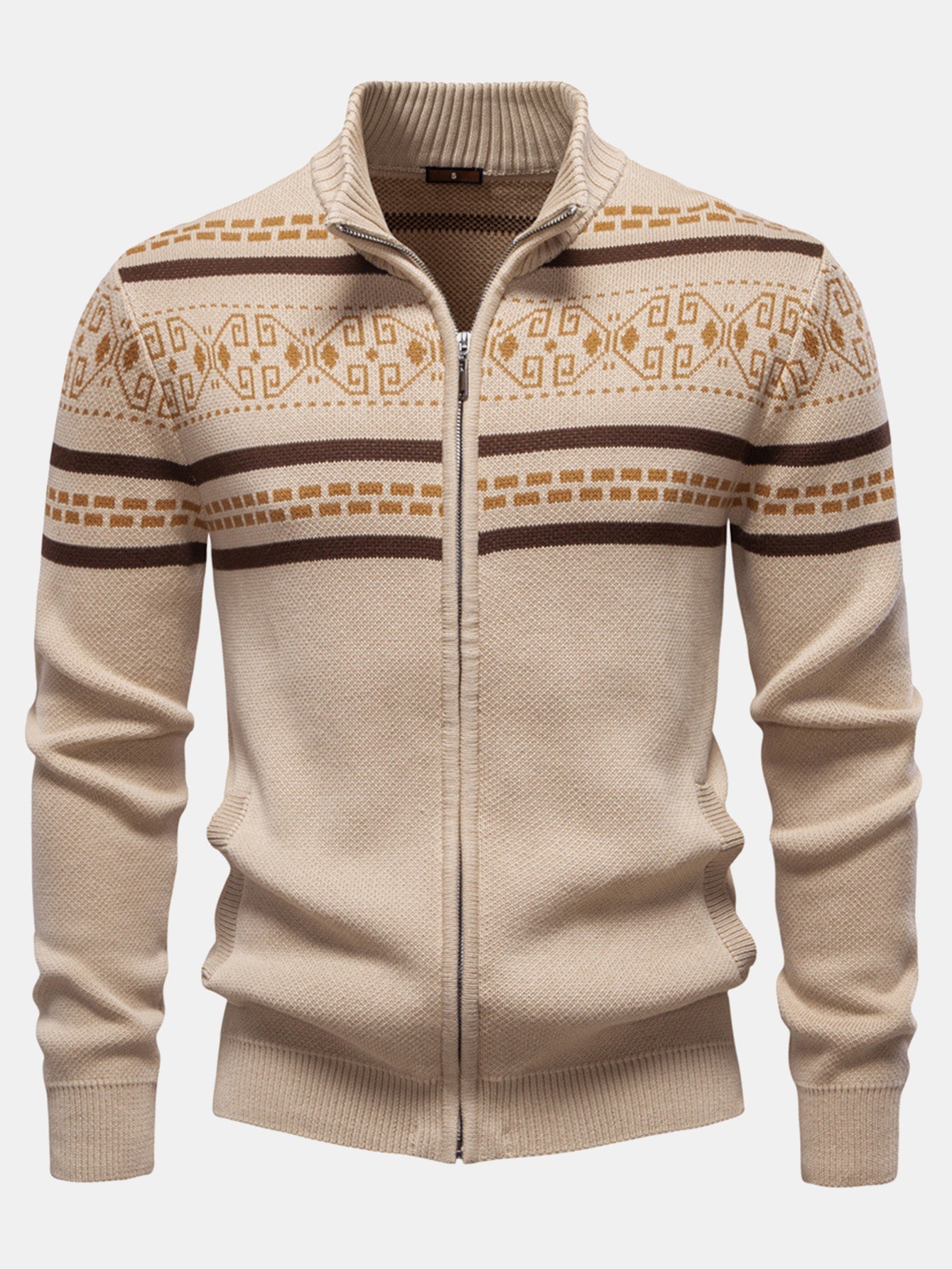 Geometric Jacquard Zip Stand Collar Sweater | Last day 80% off!