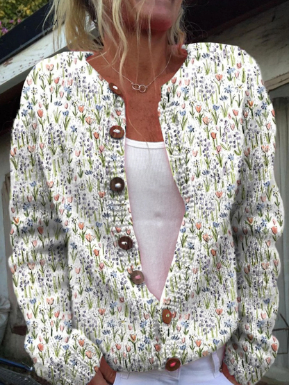 Spring Meadows Floral Repeat Pattern Printed Buttoned Cardigan Sweater | Last Day 80% Off!