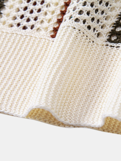 Striped Crocheted V-Neck Polo & Linen Straight Leg Trousers | Last day 80% off!