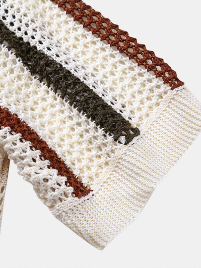 Striped Crocheted V-Neck Polo & Linen Straight Leg Trousers | Last day 80% off!