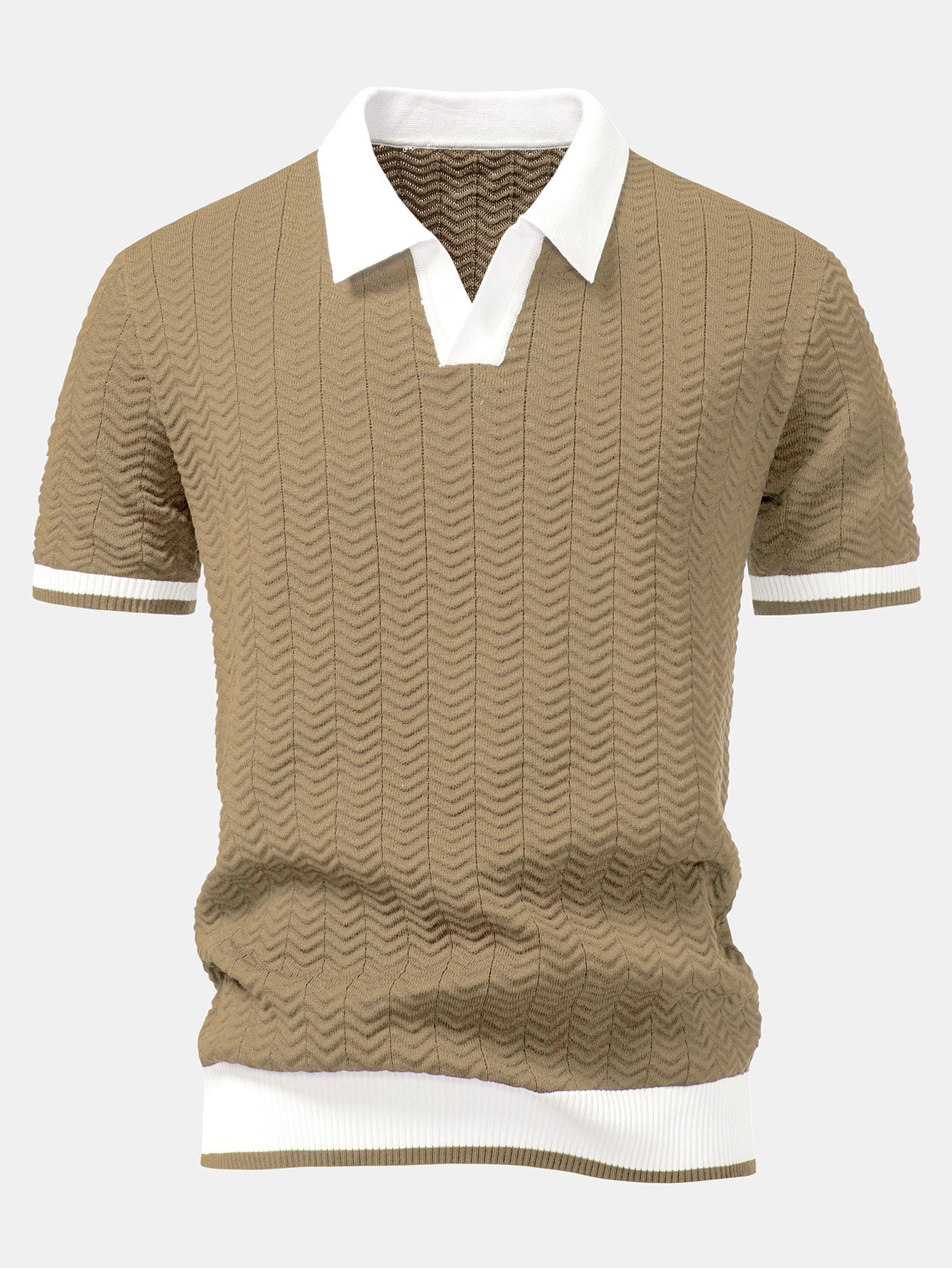 Texture Contrast Knitted V-Neck Polo Shirt & Slim Fit Tapered Trousers | Last day 80% off!