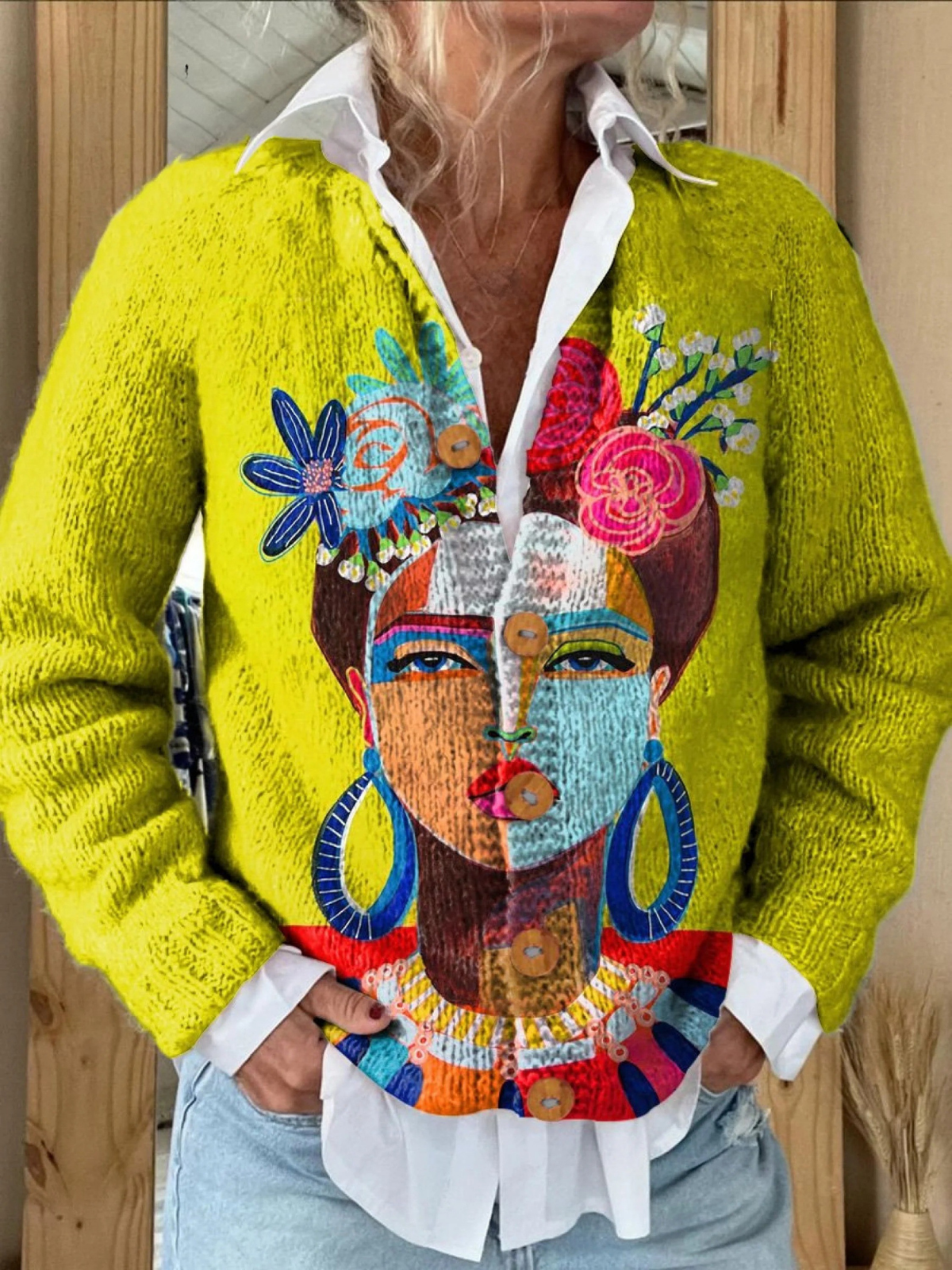 Oil Painting Freda Portrait Art Printed Buttoned Cardigan Sweater | Last Day 80% Off!