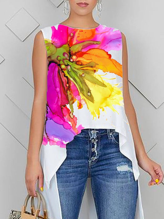 High-Low Loose Flower Print Round-Neck Blouses & Shirts Tops Vest Top | Last day 80% off!