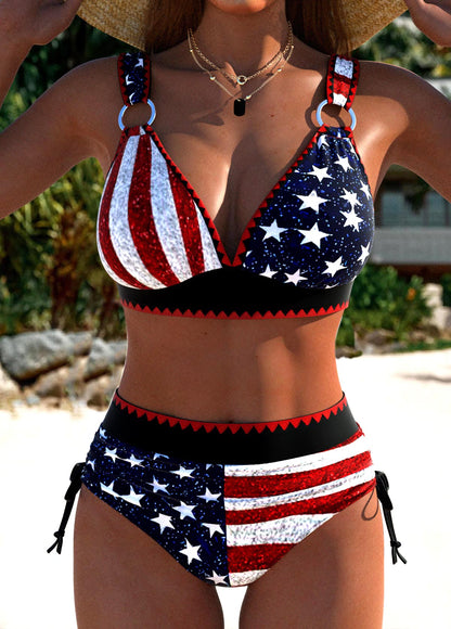 Stylish Multicolour Bikini Set with American Flag and High Waist | Last Day 80% Off!