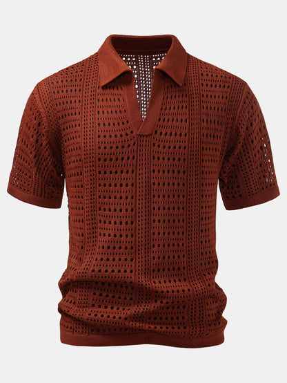 Crocheted V-Neck Polo Shirt & Linen Straight Leg Trousers | Last day 80% off!