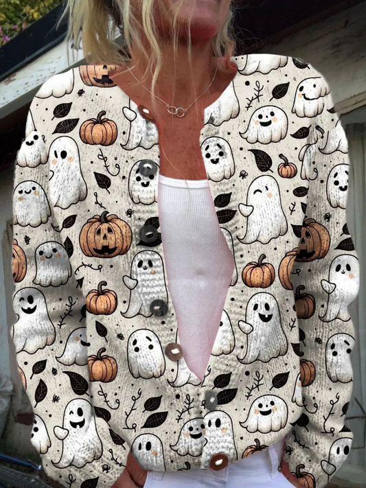 Funny Ghost Halloween  Art Print  Buttoned Cardigan Sweater | Last Day 80% Off!