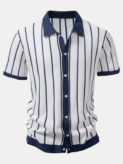 Striped knitted shirt with buttons & linen straight leg trousers | Last day 80% off!