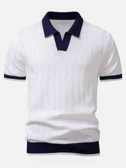 Texture Contrast Knitted V-Neck Polo Shirt & Slim Fit Tapered Trousers | Last day 80% off!