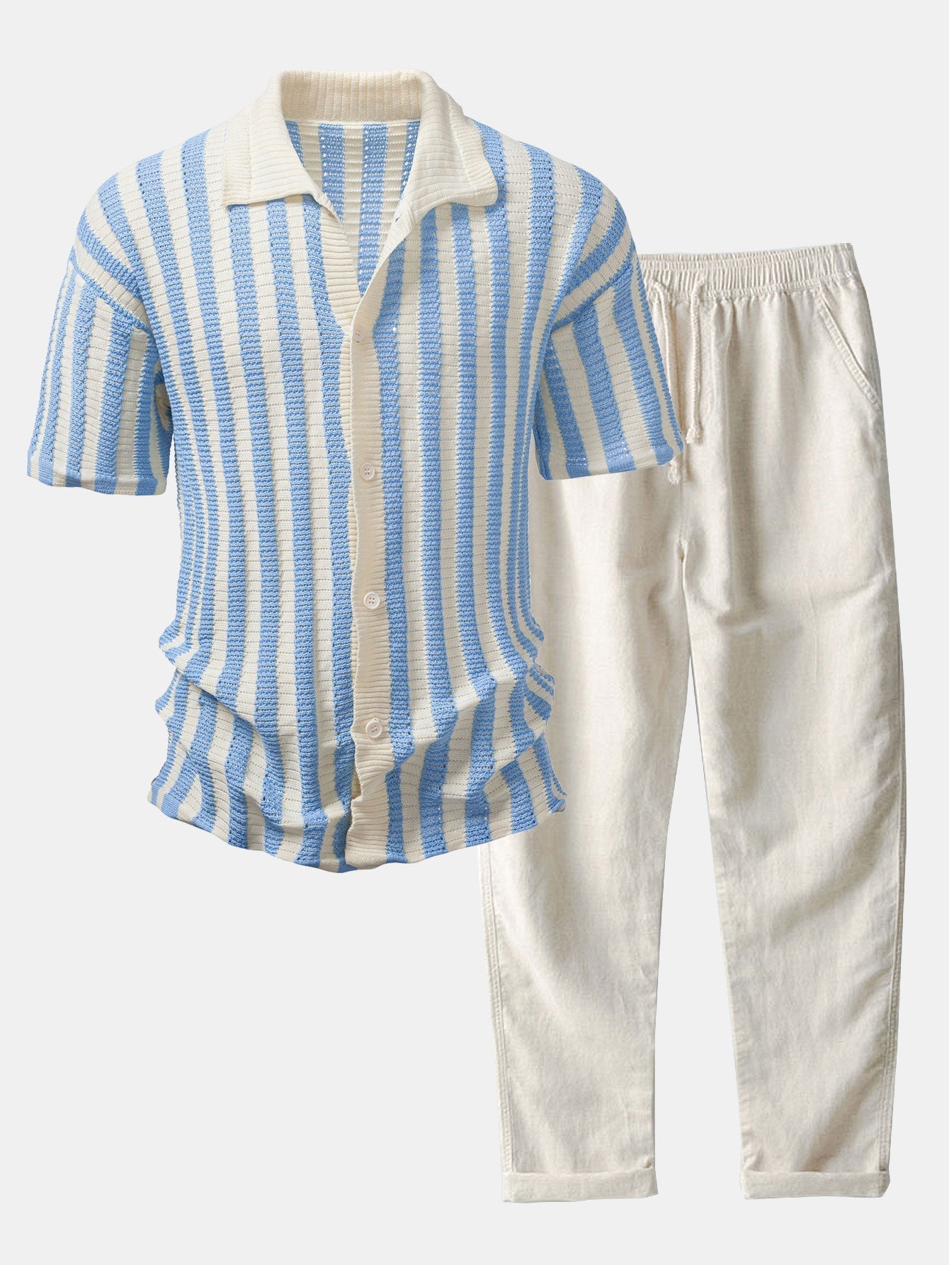 Shirt with drop shoulders and crochet stripes & linen trousers with straight legs | Last day 80% off!