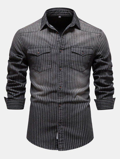 Striped washed denim shirt with pockets | Last day 80% off!