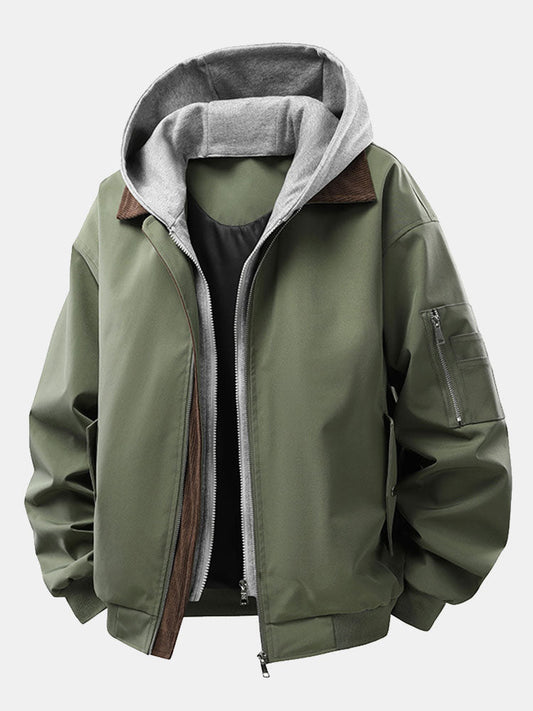 Relaxed fit contrast corduroy bomber jacket with removable hood | Last day 80% off!