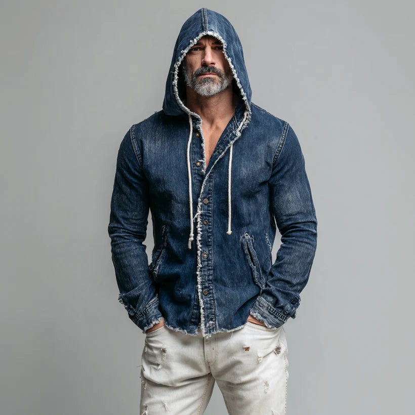 Men's Casual Denim Hooded Jacket – Raw Edge, Drawstring, Pockets