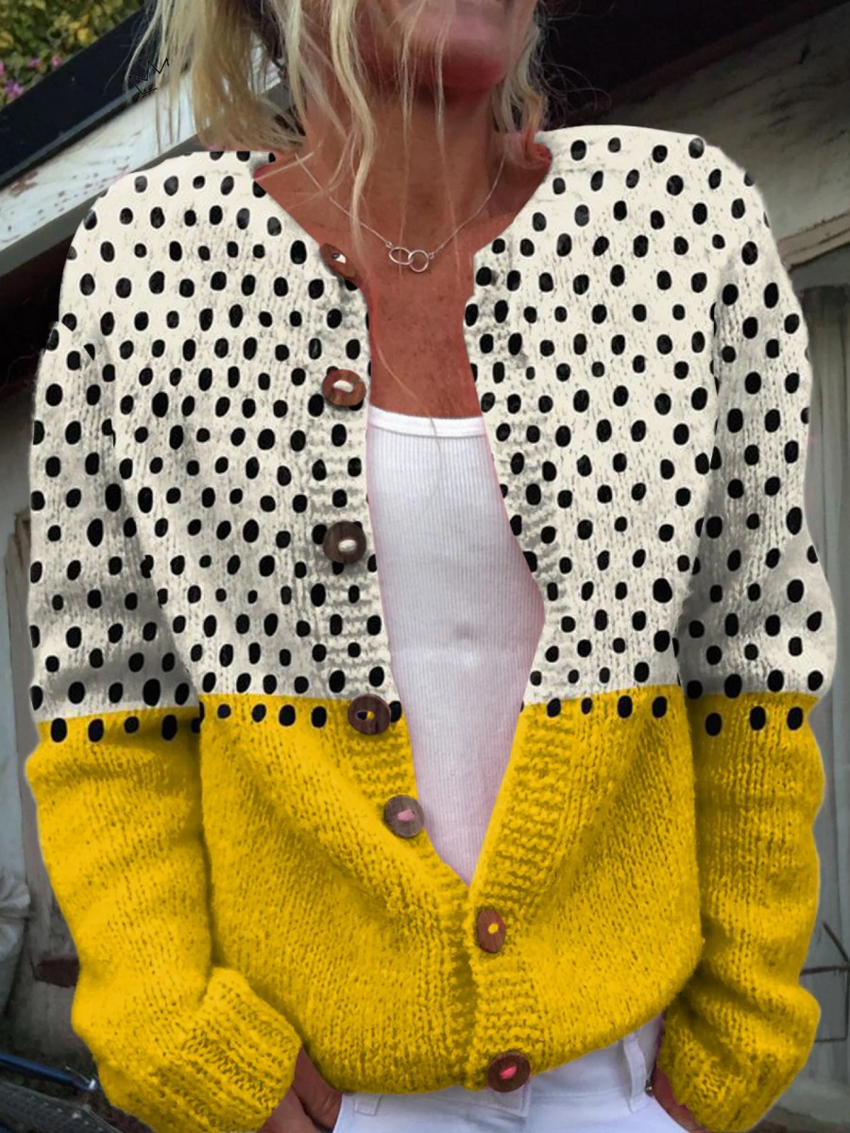 Yellow Geometric Polka Dots Print Buttoned Cardigan Sweater | Last Day 80% Off!