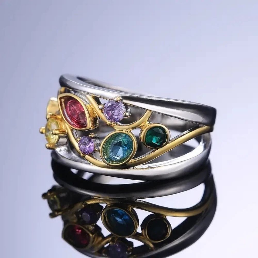 Aurora Gem Ring – Silver & Gold Band | Last Day 80% Off!
