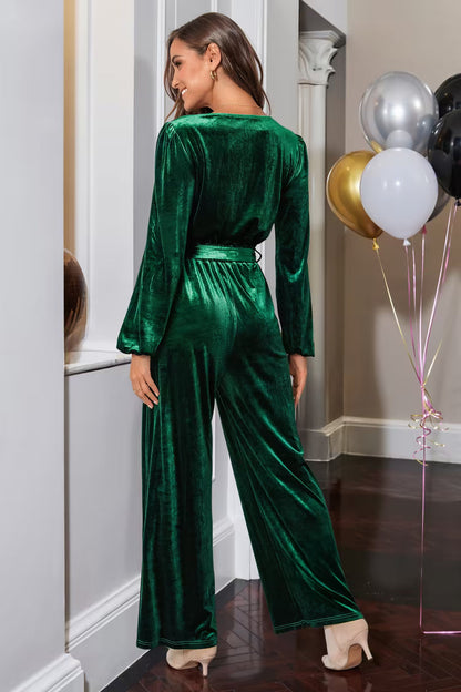 Green Velvet Long Sleeve Straight Leg Jumpsuit | Last day 80% off!