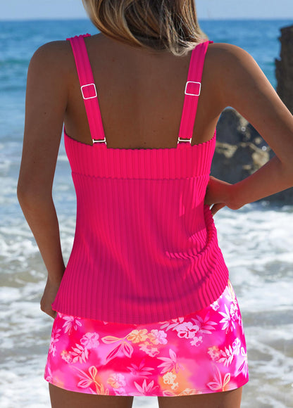 Joyful Tankini Set in Bright Pink with Floral Print and Mid-Rise Waist | Last Day 80% Off!