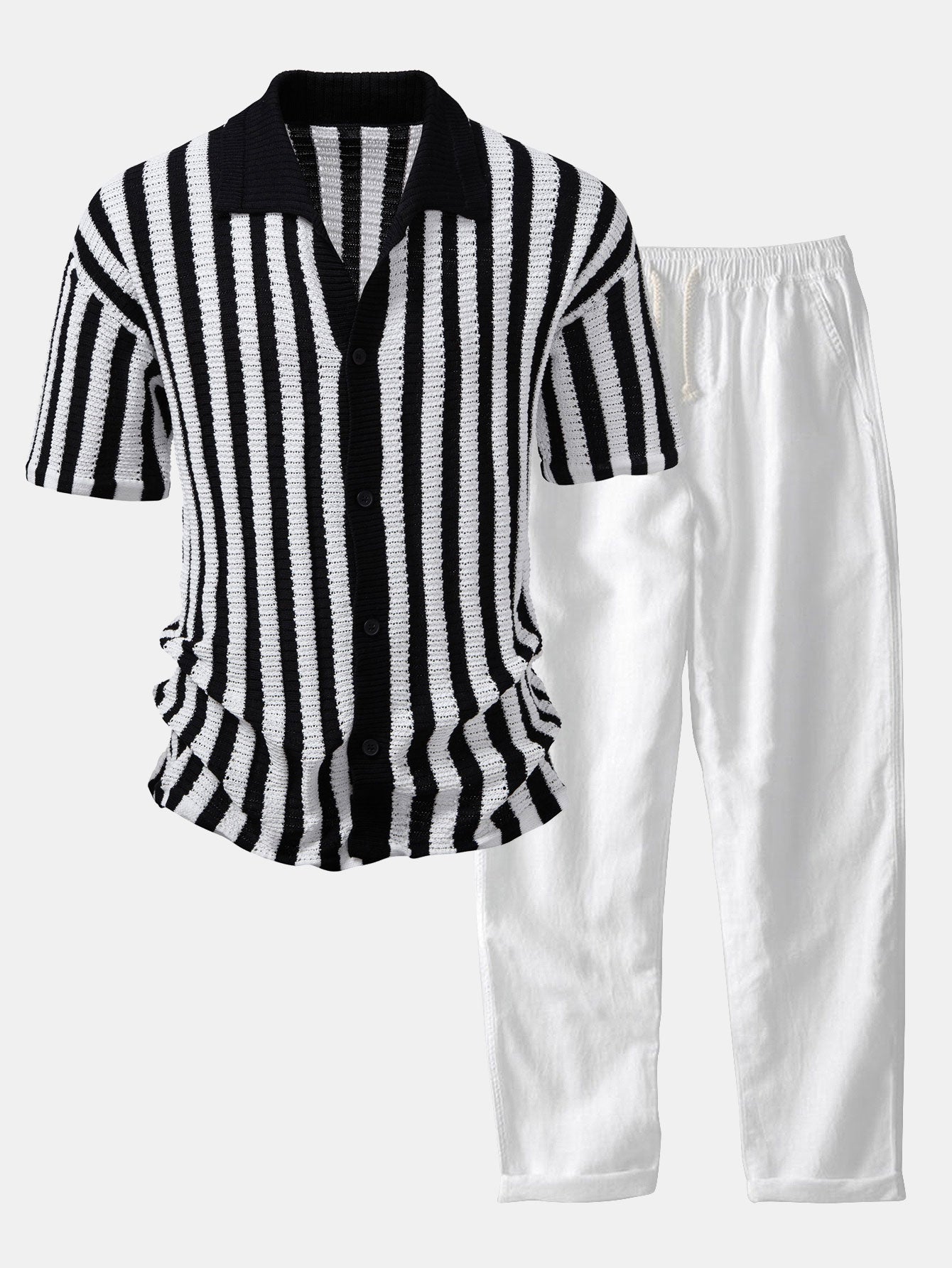 Shirt with drop shoulders and crochet stripes & linen trousers with straight legs | Last day 80% off!