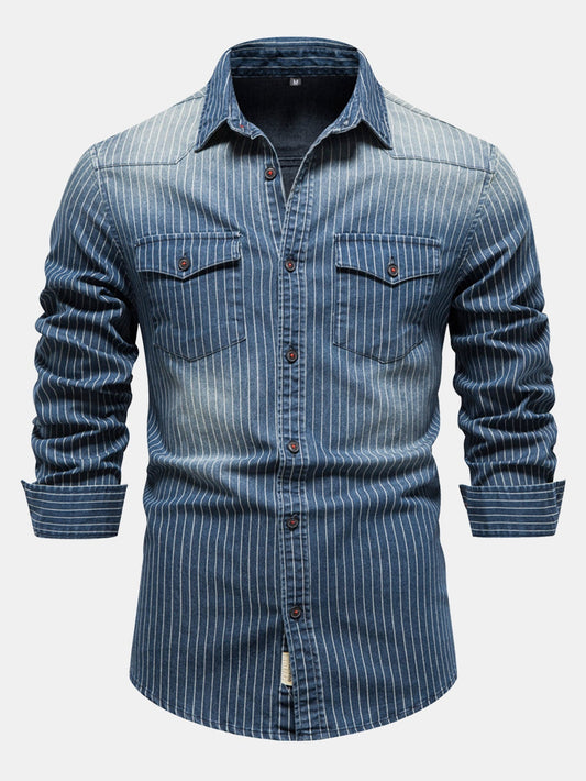 Striped washed denim shirt with pockets | Last day 80% off!