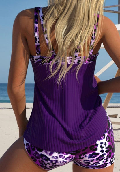 Lana - Dark Purple Leopard Tankini with Patchwork | Last Day 80% Discount!