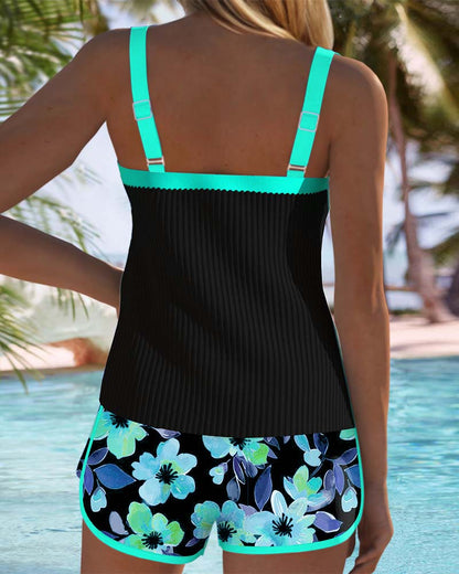 Sophie – Black Tankini with Flowers and Beach Shorts | Last Day 80% Off!