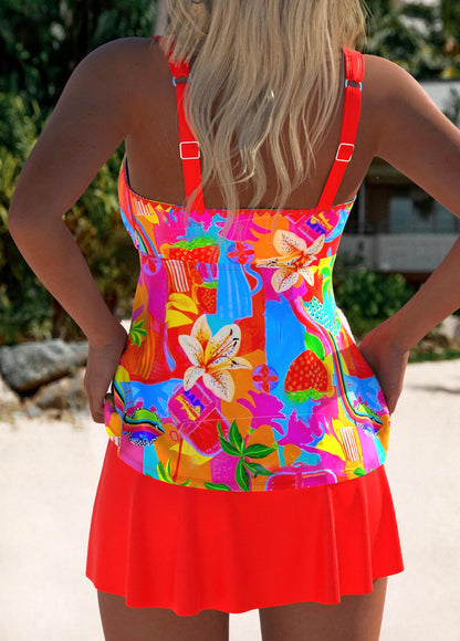 Stylish Coral Tankini Set with Geometric Print and Mid-High Waist | Last Day 80% Off!