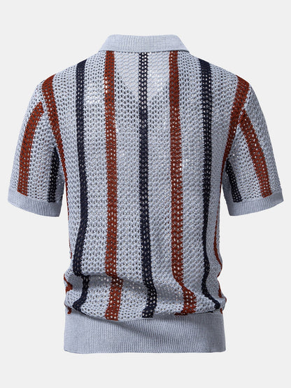 Striped Crocheted V-Neck Polo & Linen Straight Leg Trousers | Last day 80% off!