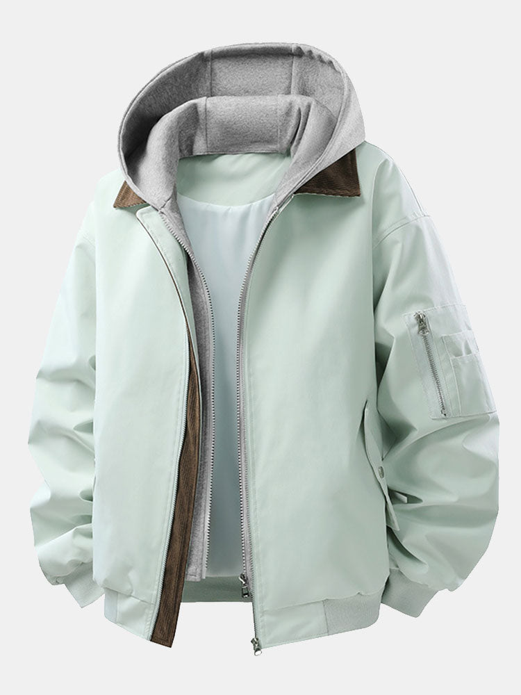 Relaxed fit contrast corduroy bomber jacket with removable hood | Last day 80% off!