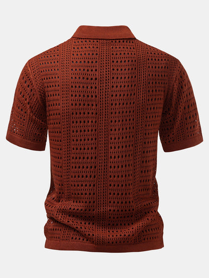 Crocheted V-Neck Polo Shirt & Linen Straight Leg Trousers | Last day 80% off!