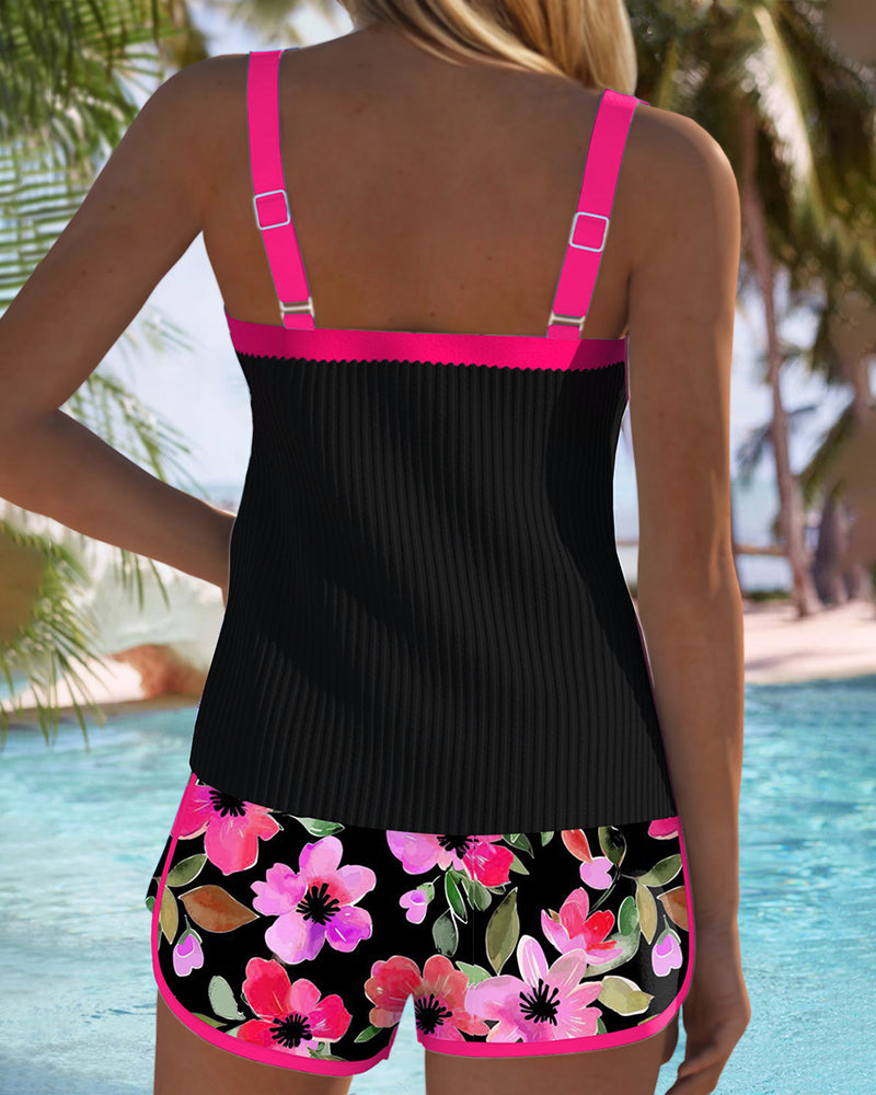 Sophie – Black Tankini with Flowers and Beach Shorts | Last Day 80% Off!