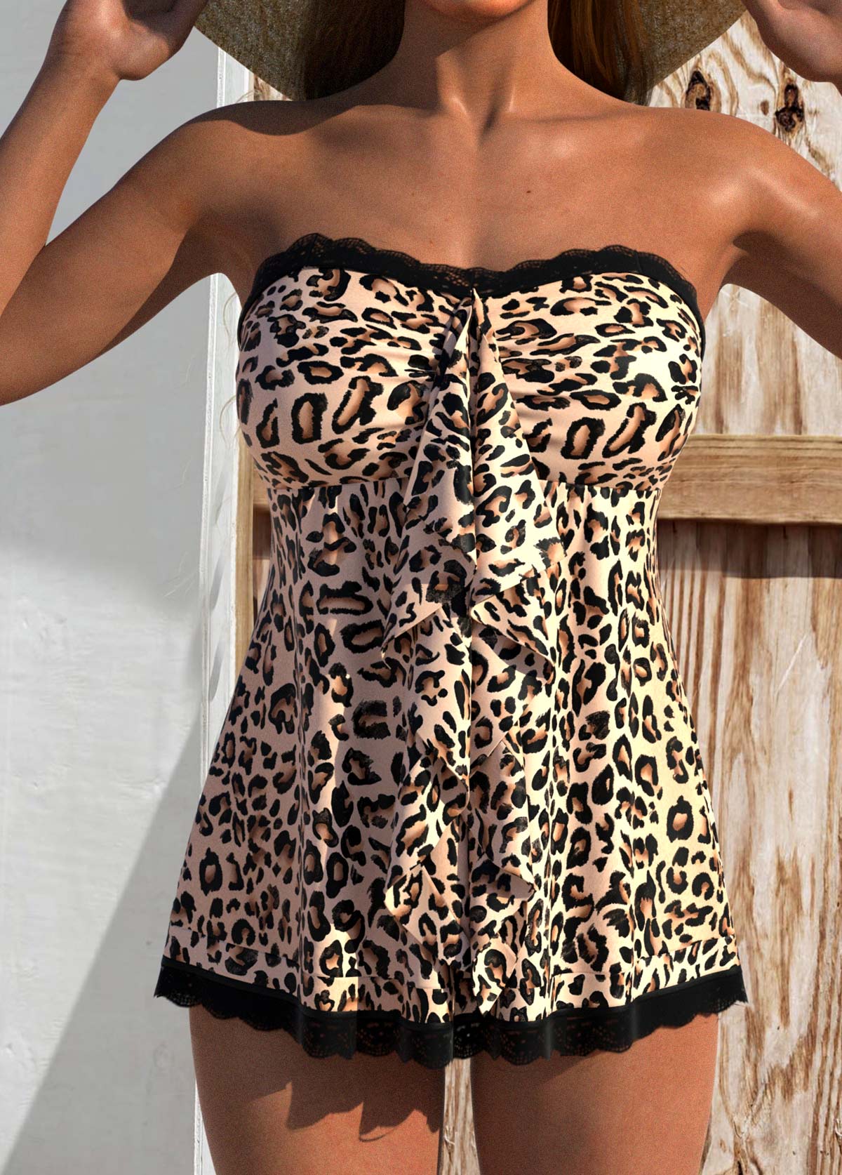 Playful Light Coffee Tankini Set with Ruffles and Geometric Print | Last Day 80% Off!