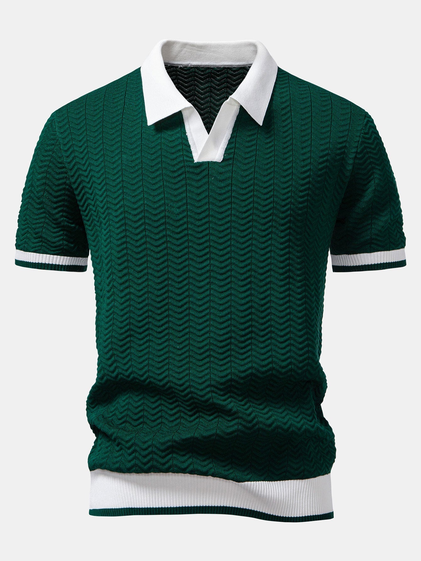 Texture Contrast Knitted V-Neck Polo Shirt & Slim Fit Tapered Trousers | Last day 80% off!