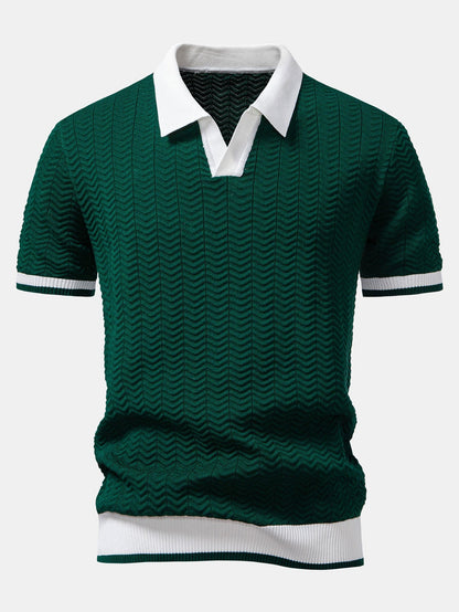 Texture Contrast Knitted V-Neck Polo Shirt & Slim Fit Tapered Trousers | Last day 80% off!