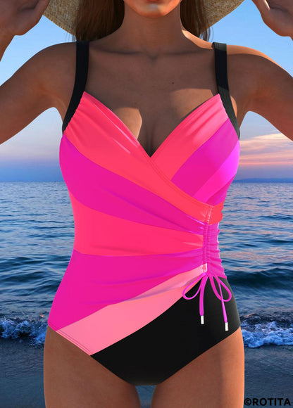 Sporty Swimsuit with Drawstring and Multi-Stripe Print | Last Day 80% Off!