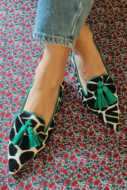 Capri | Pointed Loafer With Giraffe Print And Green Fringes | Last Day 80% Off!