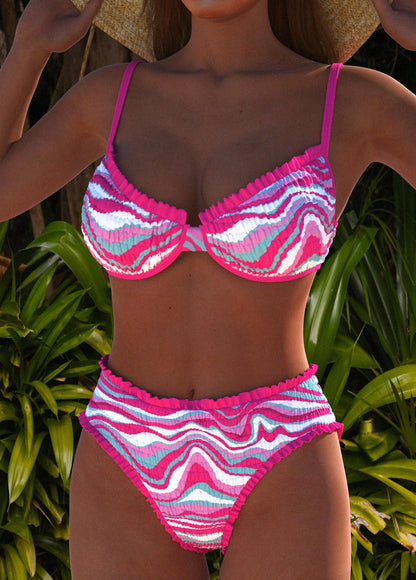 Chic Fuchsia Bikini with Smocked Wave Print | Last Day 80% Off!