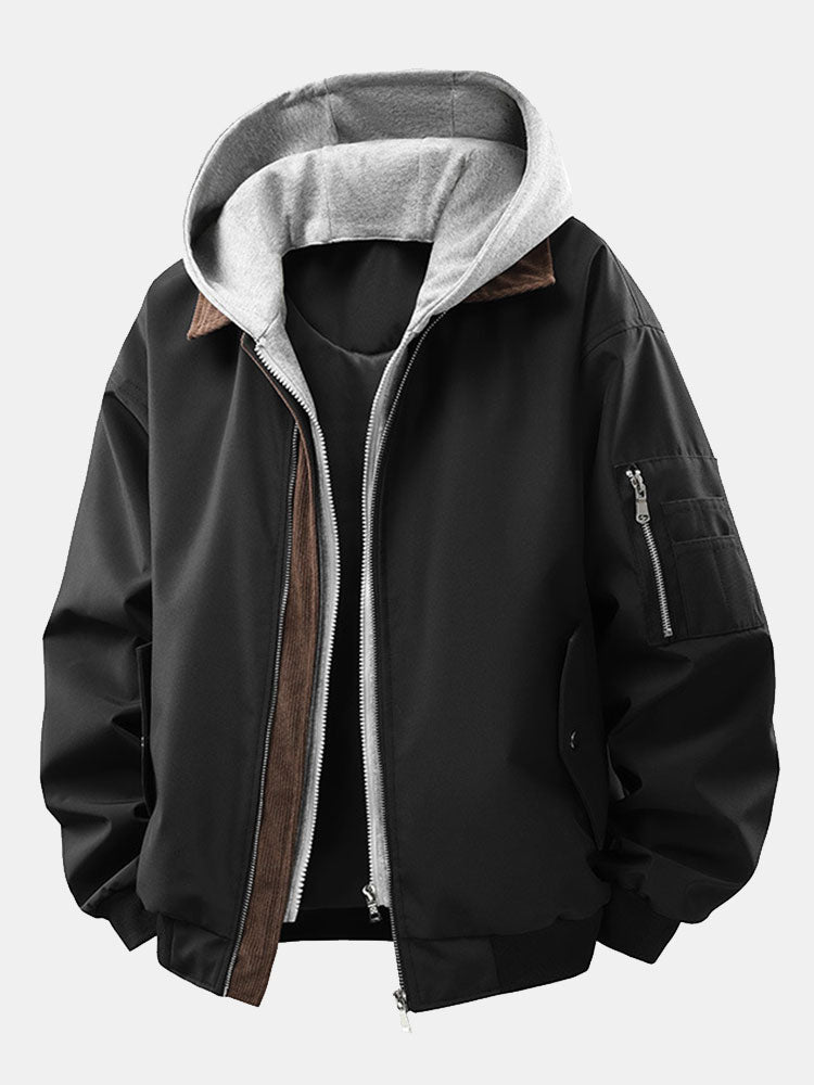 Relaxed fit contrast corduroy bomber jacket with removable hood | Last day 80% off!